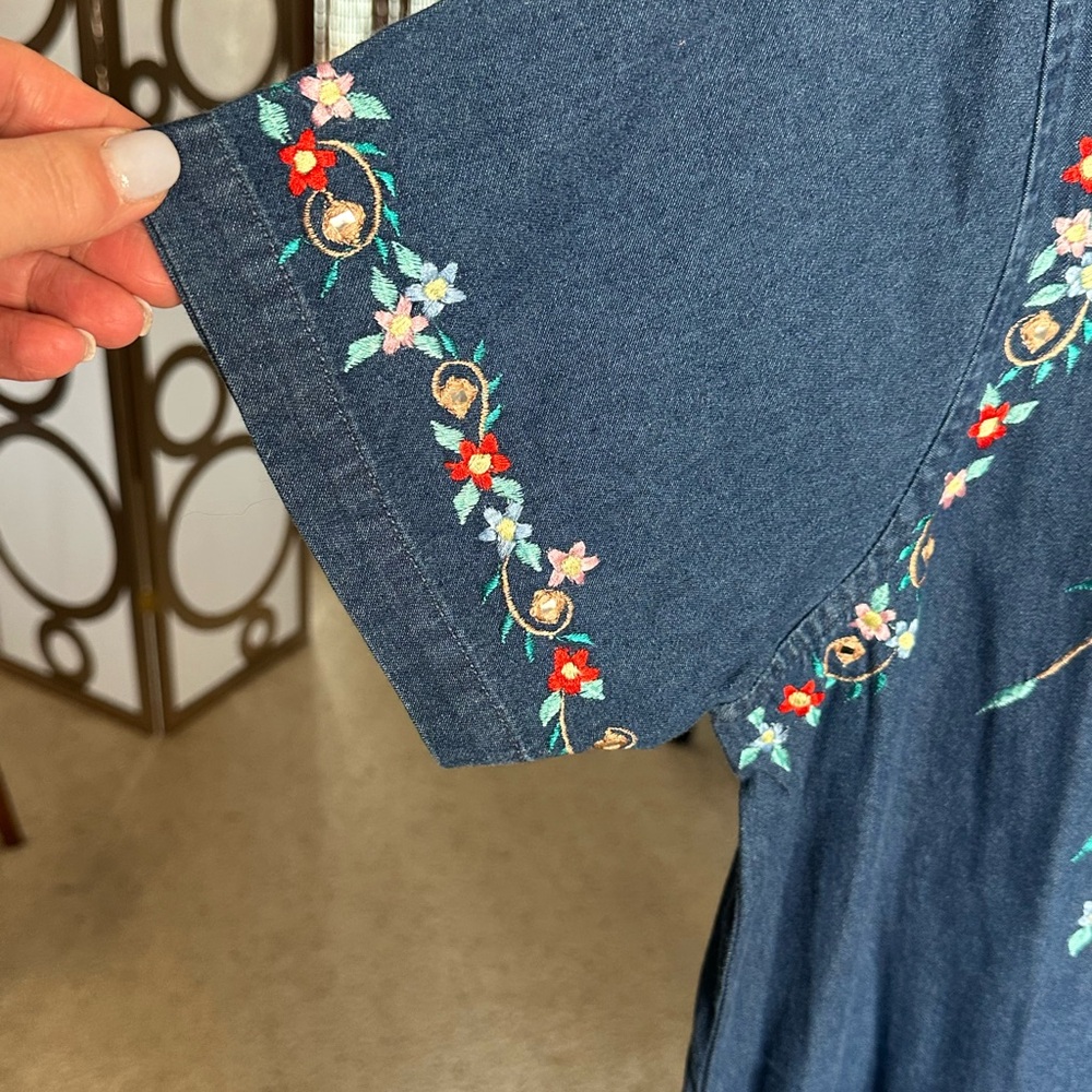 LA CERA Embroidered Denim Blue Cotton Shift Dress NWT Boho Floral Large - Picture 5 of 10